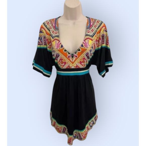 TRINA TURK Women's Nepal Black & Tropical Colors Swim Cover up Dress 6 8 Tunic - Picture 2 of 12
